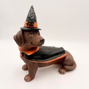 Halloween Dachshund Figurine Witch Hat Cape Brown Wiener Dog Decor